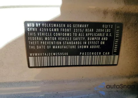 2012 Volkswagen Gti из США, поврежденный, VIN WVWHV7AJ2CW259546